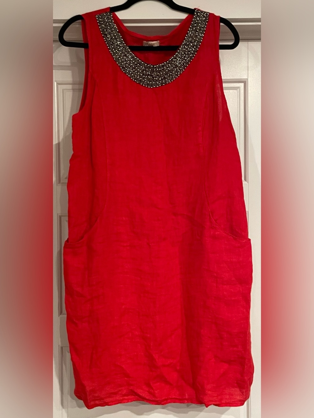 Lina Tomei Linen Embellished Beaded-Neck Red Dress
